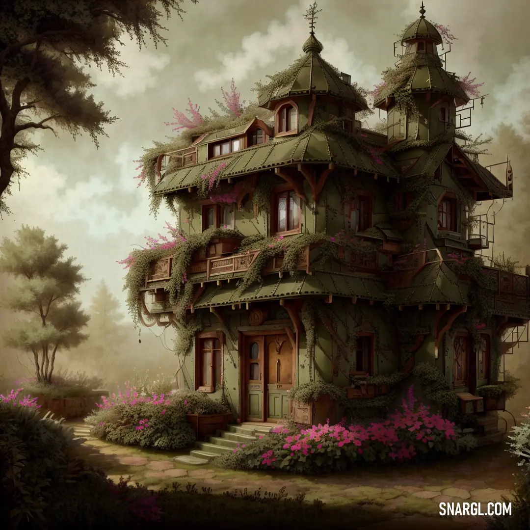 Painting of a house with a lot of flowers in front of it and a cloudy sky behind it