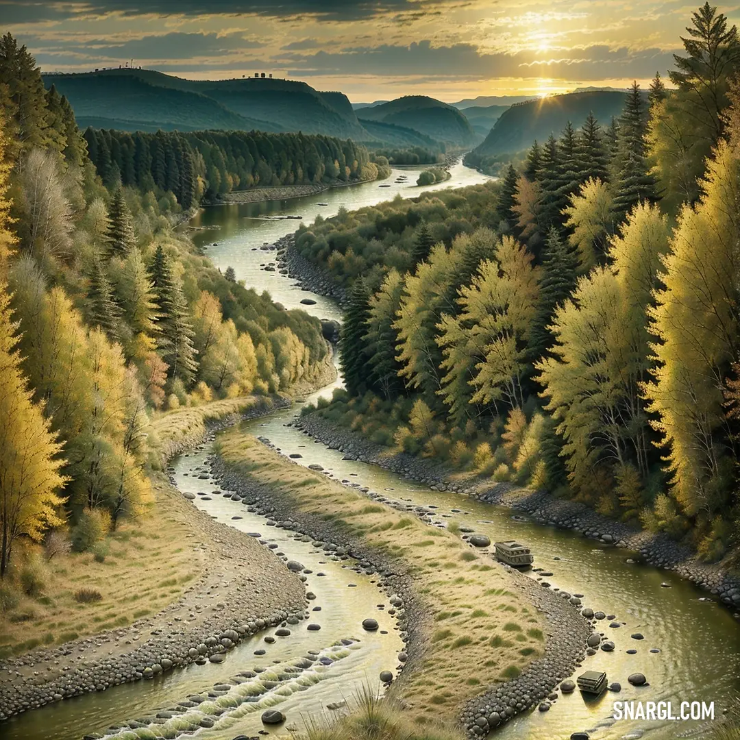 Painting of a river running through a forest with rocks and trees in the foreground and a sunset in the background