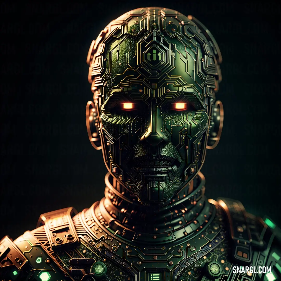 Robot with glowing eyes and a circuit board pattern on its face