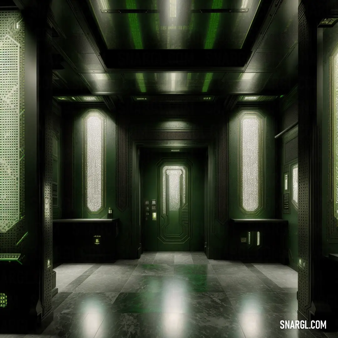Very dark and green room with some lights on the ceiling and a door way to another room with a toilet