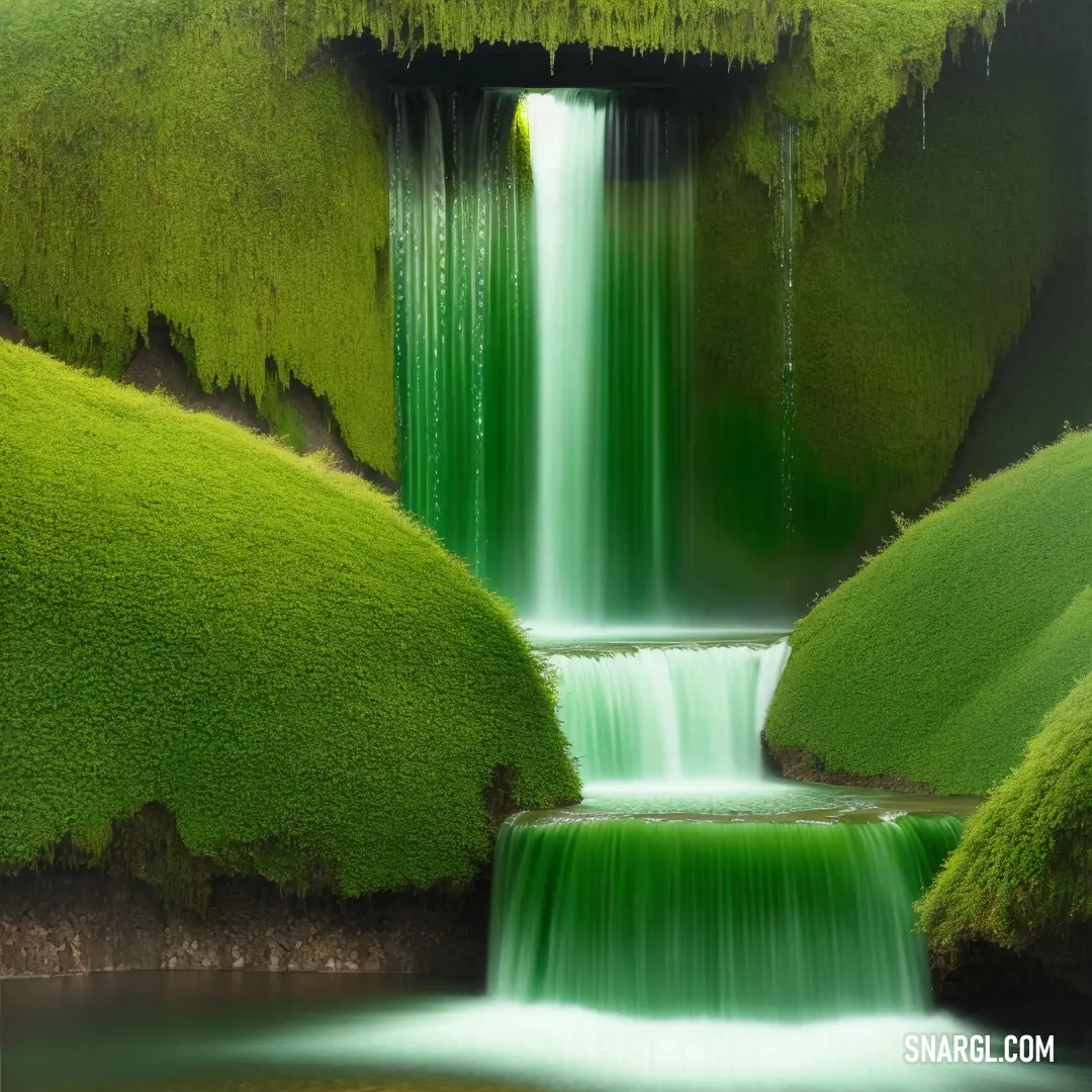 Waterfall with moss growing on the sides of it and a stream running through it in the middle of a forest