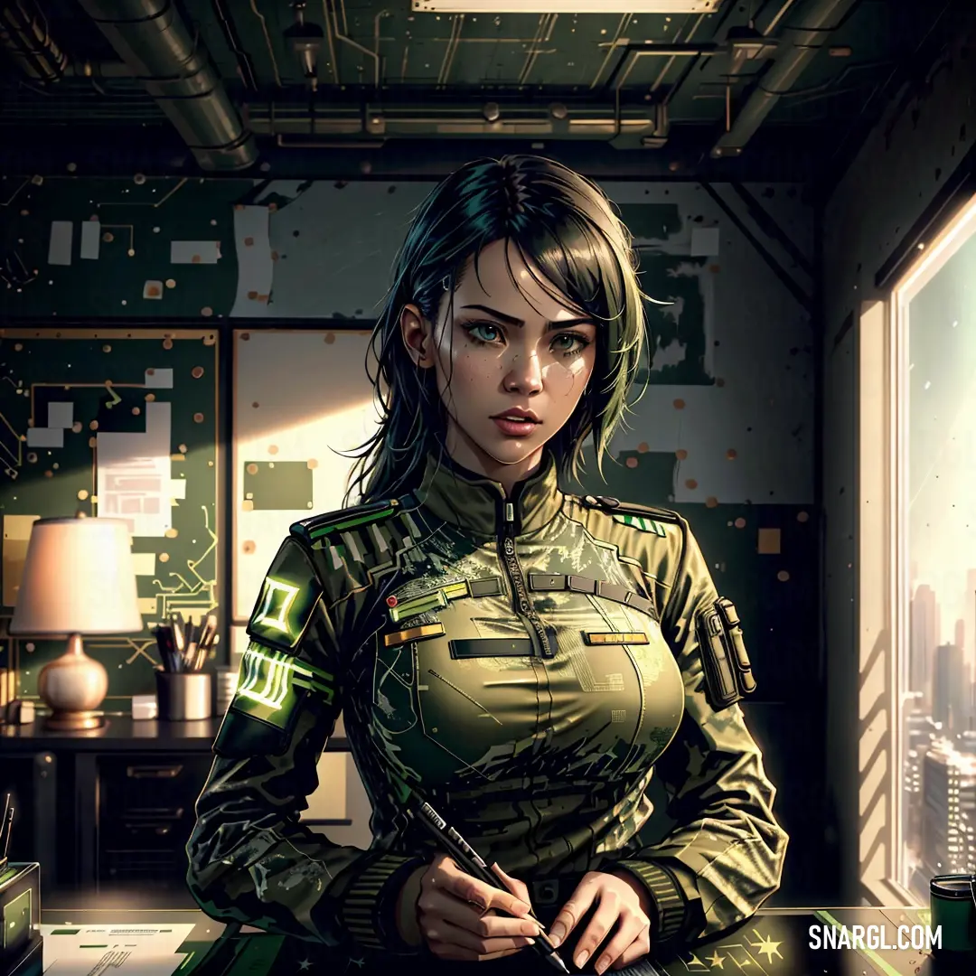 Woman in a futuristic suit holding a pen in a room with a window and a cityscape