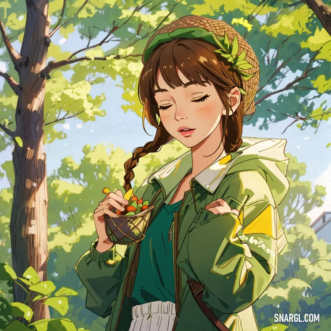Woman in a green jacket holding a basket of berries in a forest with trees in the background