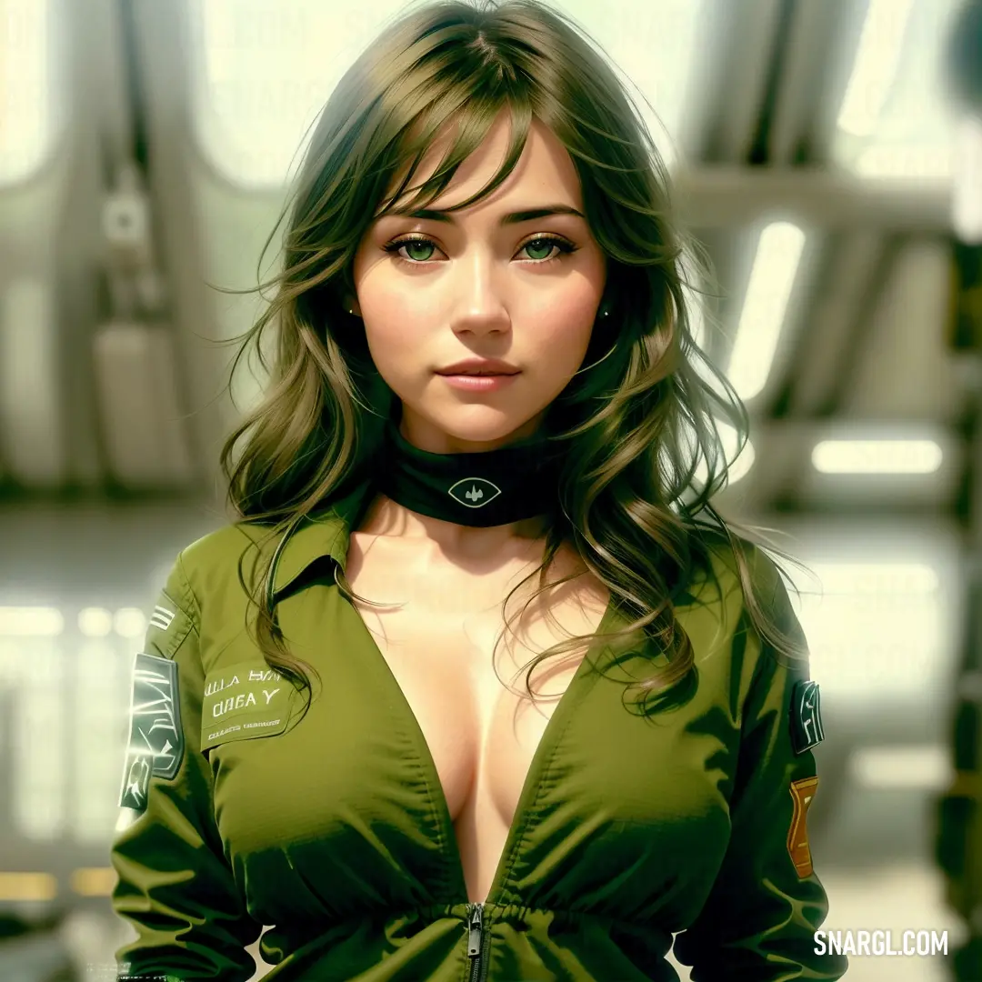 Woman in a green uniform is posing for a picture in a futuristic setting with a sci - fi theme