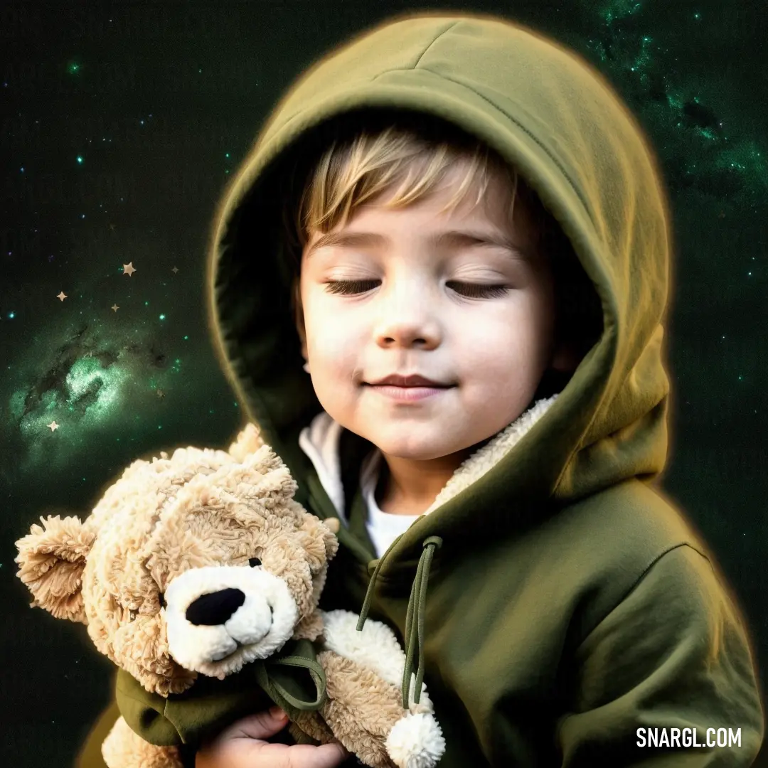 Young boy holding a teddy bear in his hands and wearing a green hoodie with a green and white space background