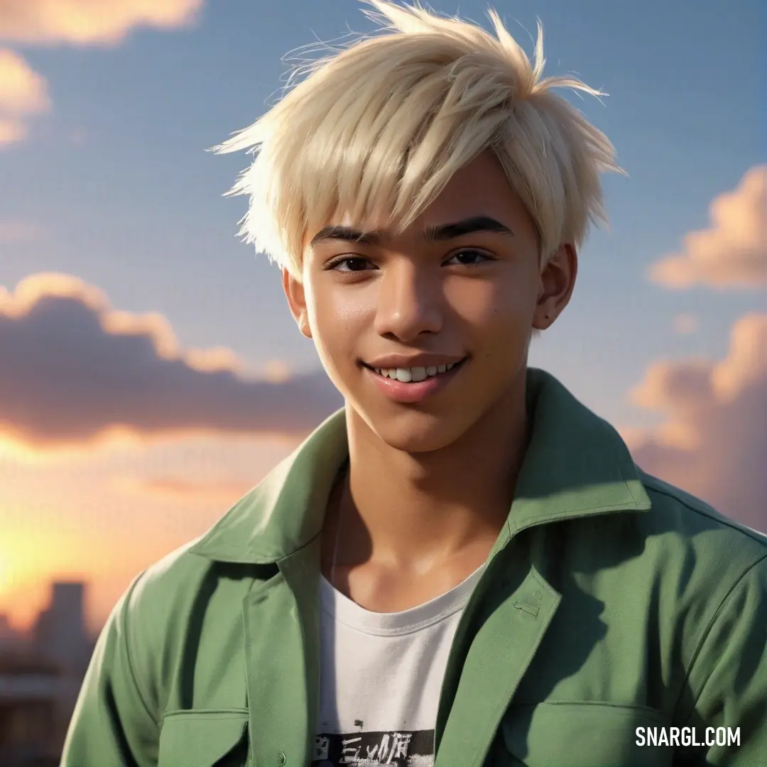 Young man with blonde hair and a green shirt smiling at the camera with a sunset in the background. Color #4B5320.