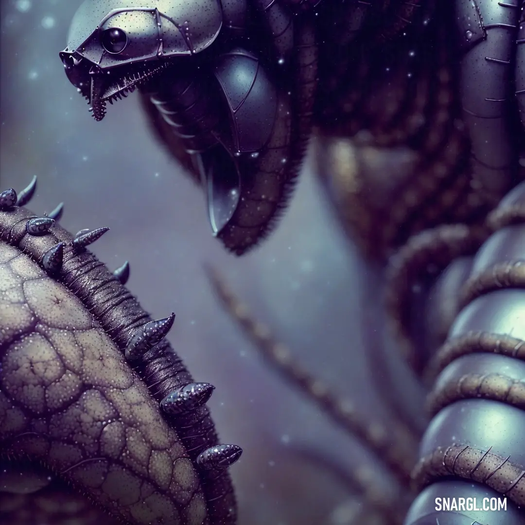 Close up of a dragon with spikes on its head and a human body in the background