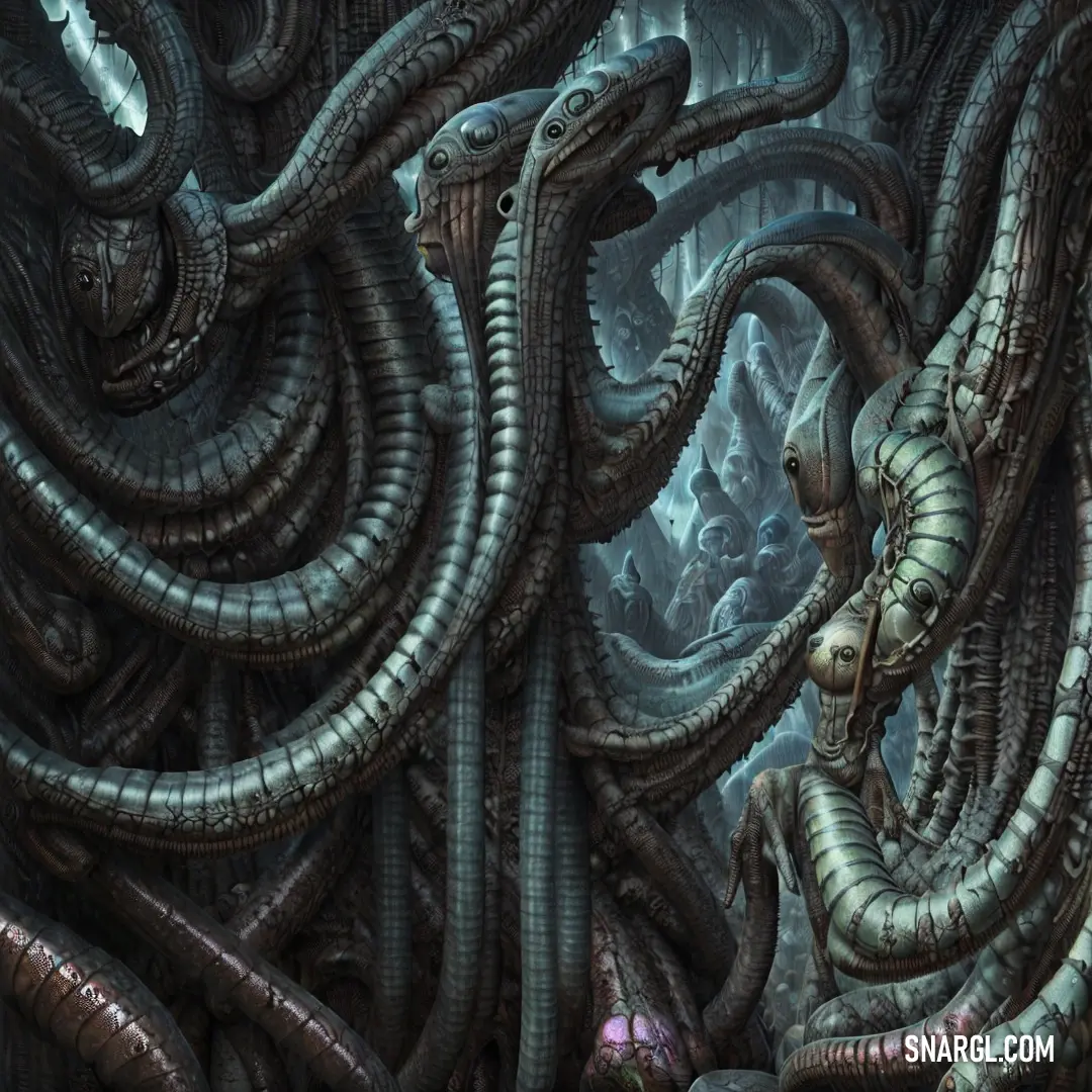 Giant alien creature surrounded by giant snakes and other creatures in a cave