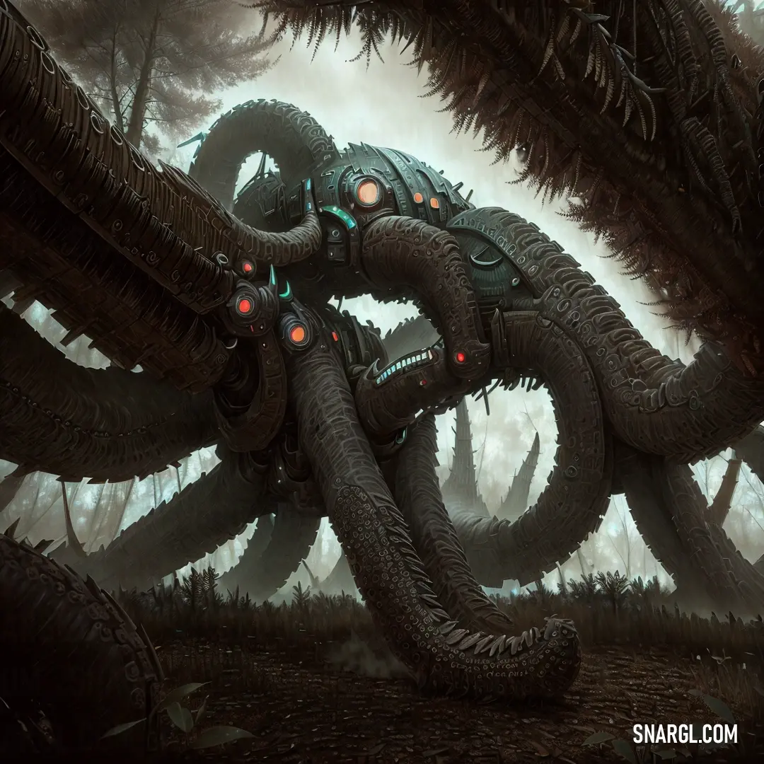 Giant octopus with glowing eyes and tentacles in a forest with trees and bushes in the background