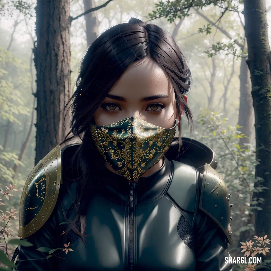 Woman in a black leather outfit with a mask on her face in a forest with trees and leaves