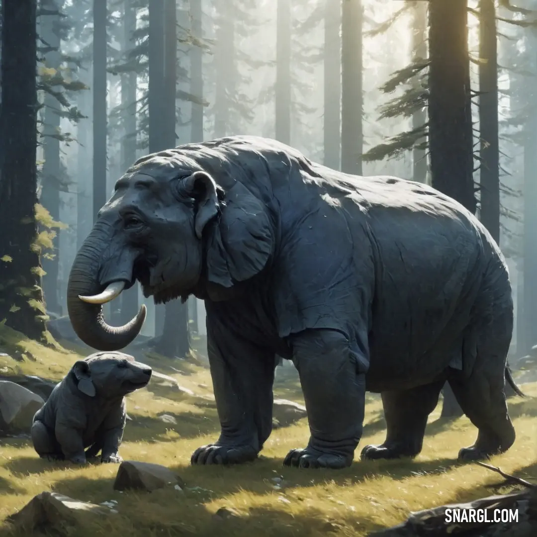 Large elephant standing next to a baby elephant in a forest filled with trees and rocks. Color #3B444B.