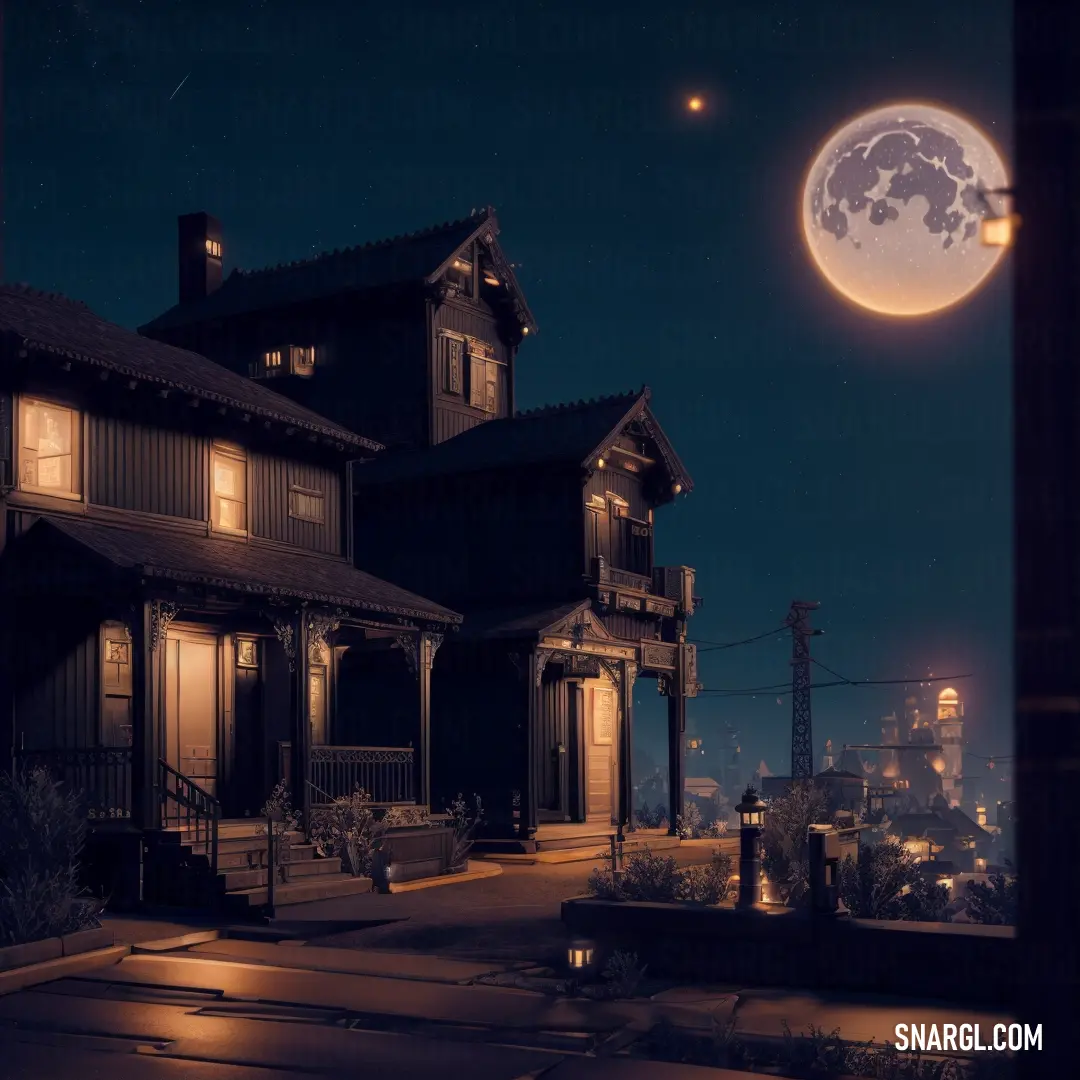 Full moon is seen over a house at night with a full moon in the sky above it and a city below
