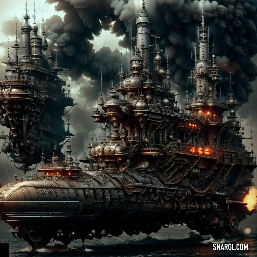 Futuristic ship floating in the ocean with smoke billowing out of it's stacks and towers on top of it