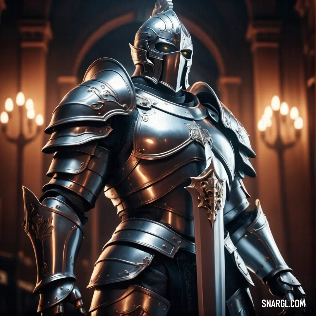 Knight in a shiny armor with a sword in his hand and a light shining behind him in a dimly lit room. Example of #3B444B color.