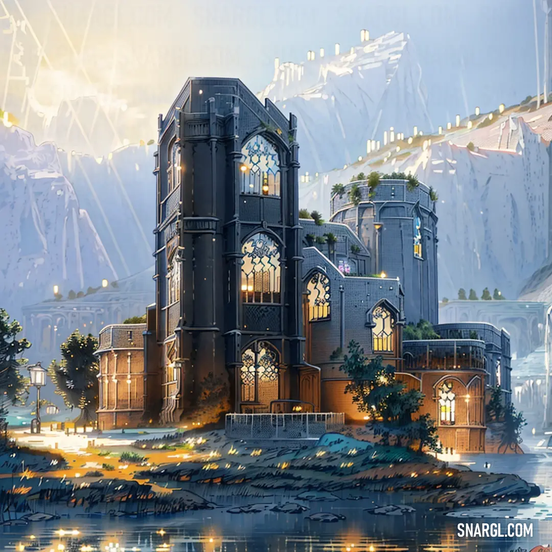 Painting of a castle with a mountain in the background and a lake in front of it with lights on
