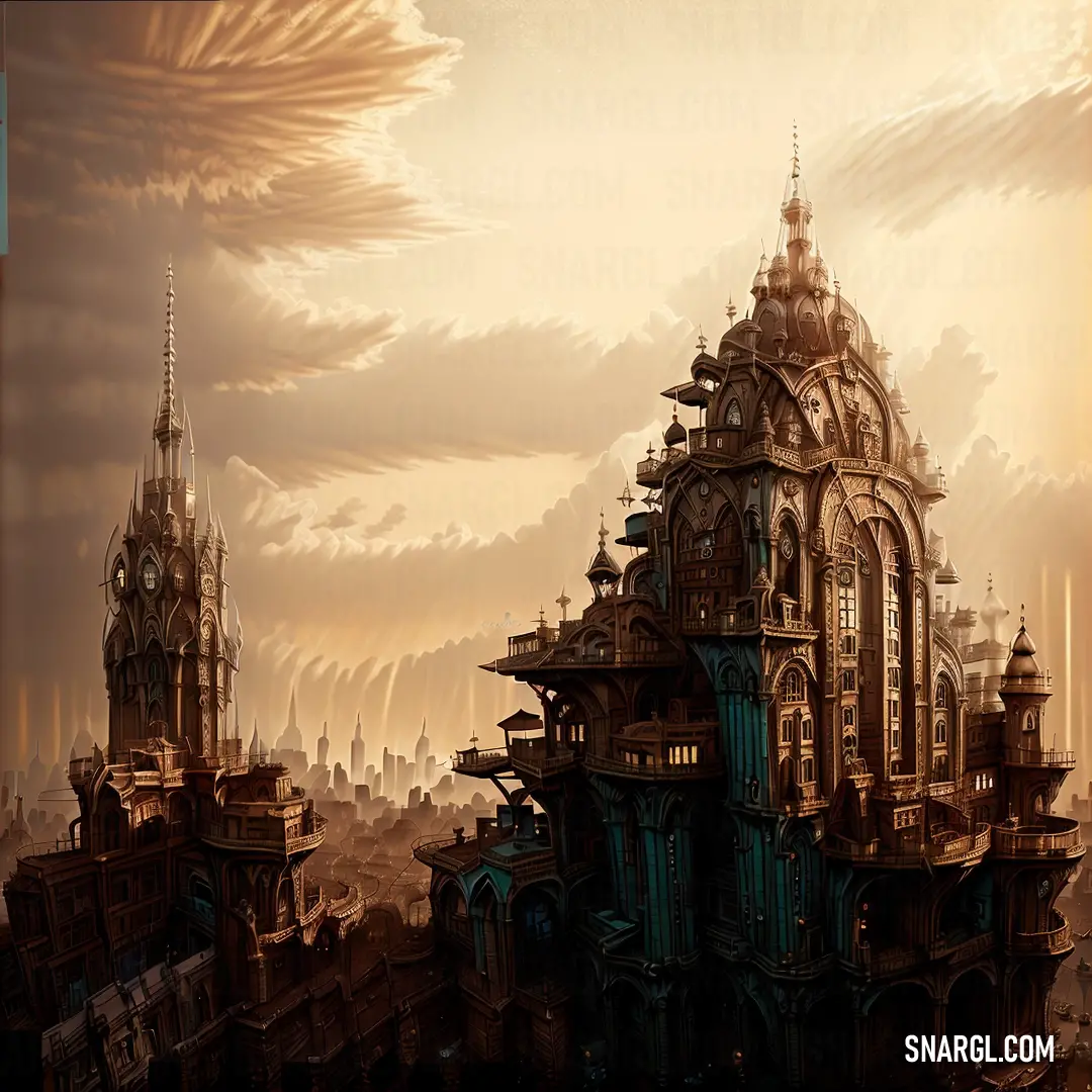 Painting of a city with a clock tower in the middle of it and a sky background with clouds