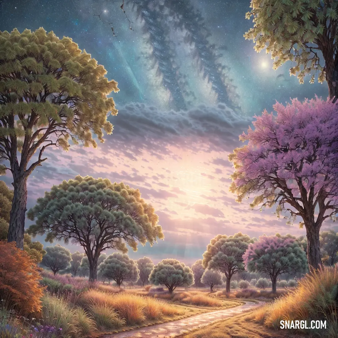 Painting of a road surrounded by trees and grass with a sky background