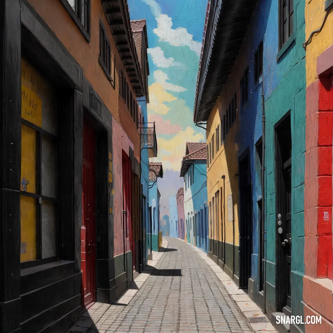 Painting of a street with a sky background and a red door on the right side of the street