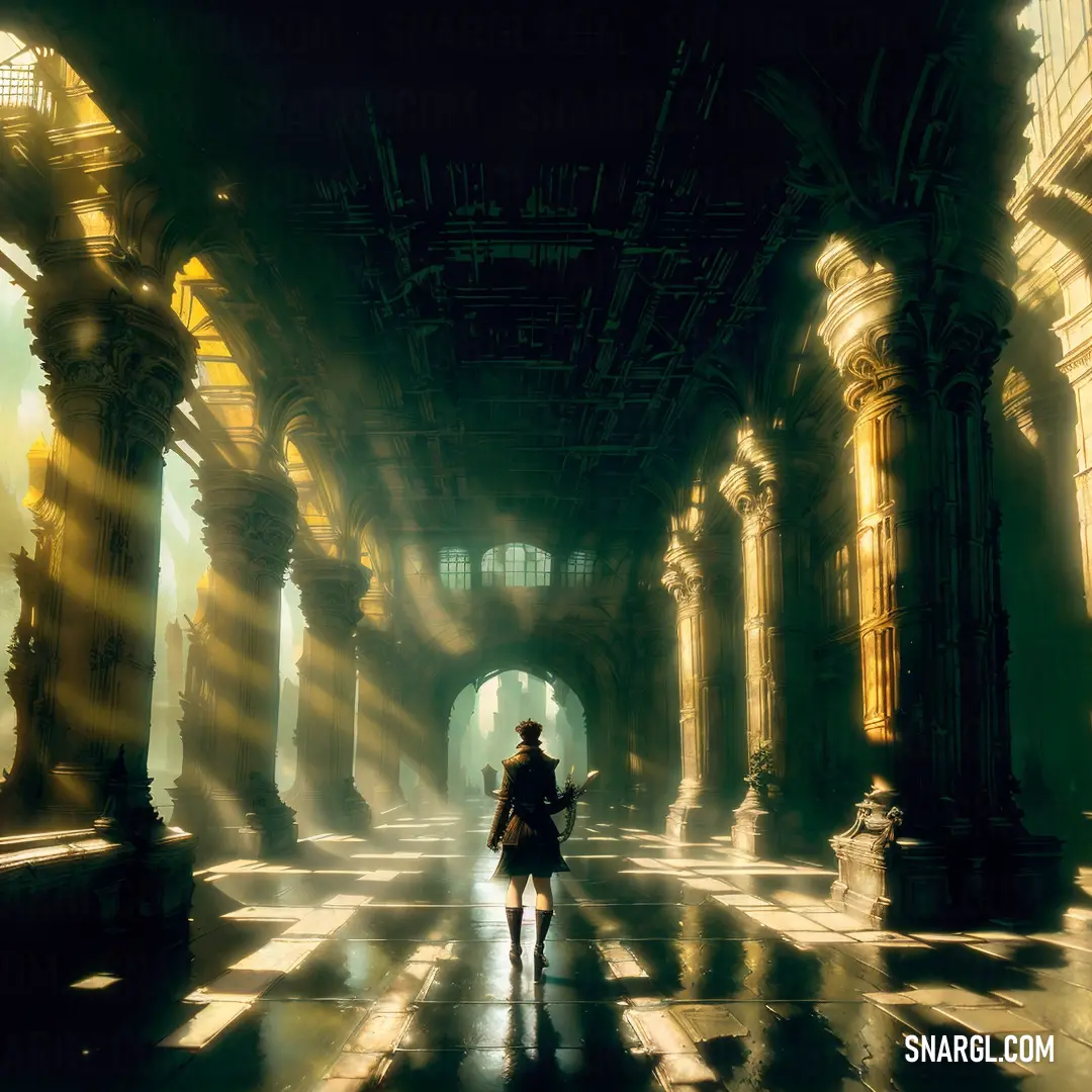 Person walking through a dark tunnel with columns and arches on either side of them