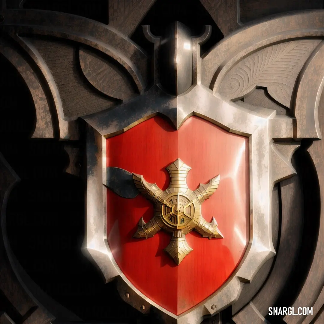Red and gold shield with a bird on it's side and a cross on the front of it