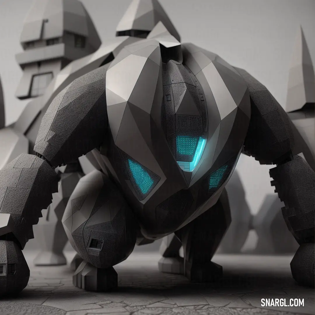 Robot with glowing eyes and a large body of gray material with a black and white background