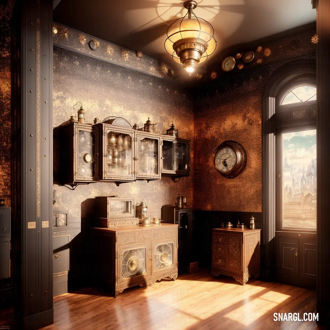 Room with a clock and a cabinet in it and a window in the corner of the room with a door