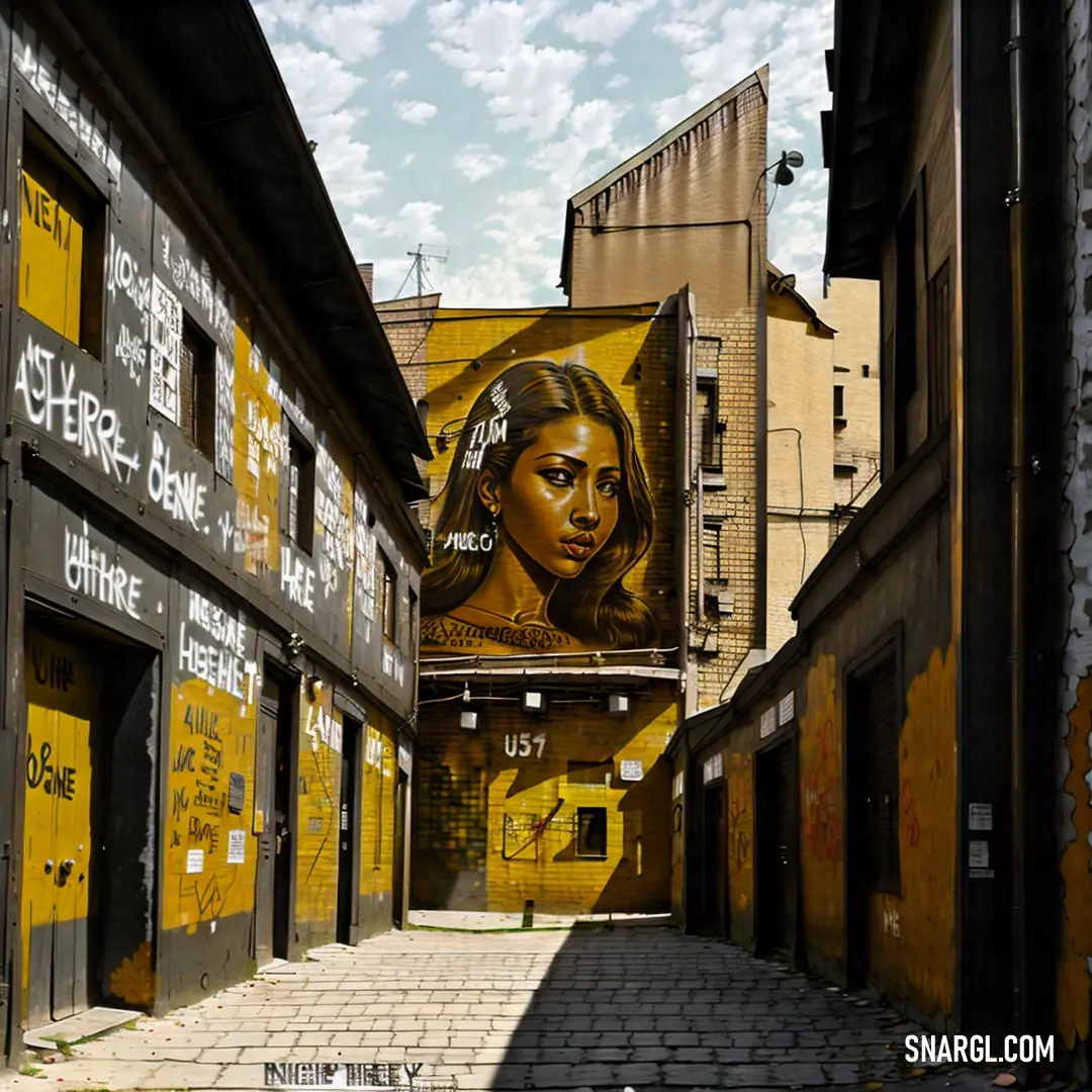 Street with a large painting of a woman on the side of a building with a sky background and a brick walkway