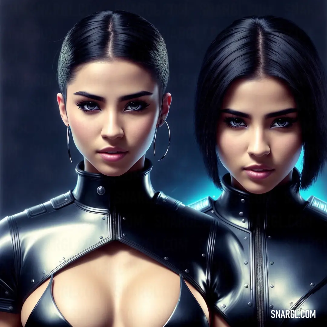 Two women in black leather outfits with large breasts