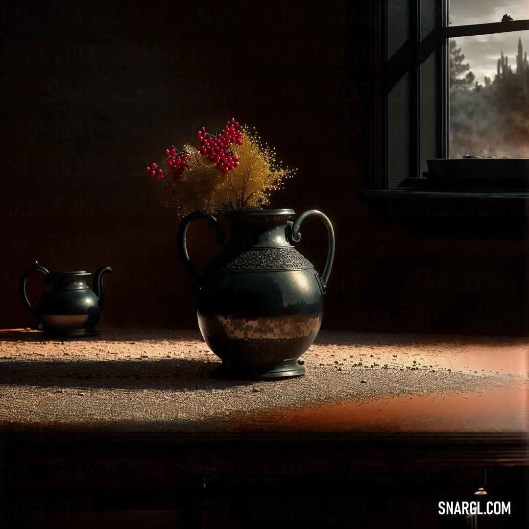 Vase with some flowers in it on a table next to a window sill with a view of a city