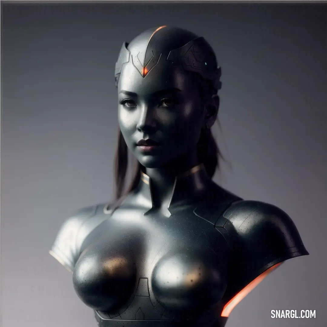 Woman in a futuristic suit with a futuristic helmet on her head and chest