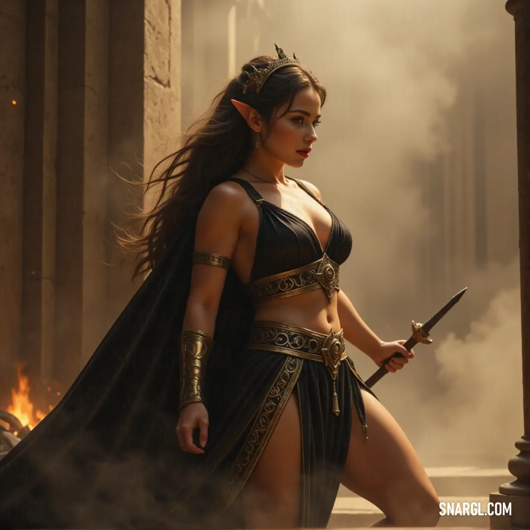 A fearless warrior in an elegant costume, holding a sword in a stance of readiness. A brave woman in an intricately designed costume, holding a sword with confidence. Her gaze is fierce and determined, ready for battle as she stands tall in an open area, the sword gleaming in her hand.