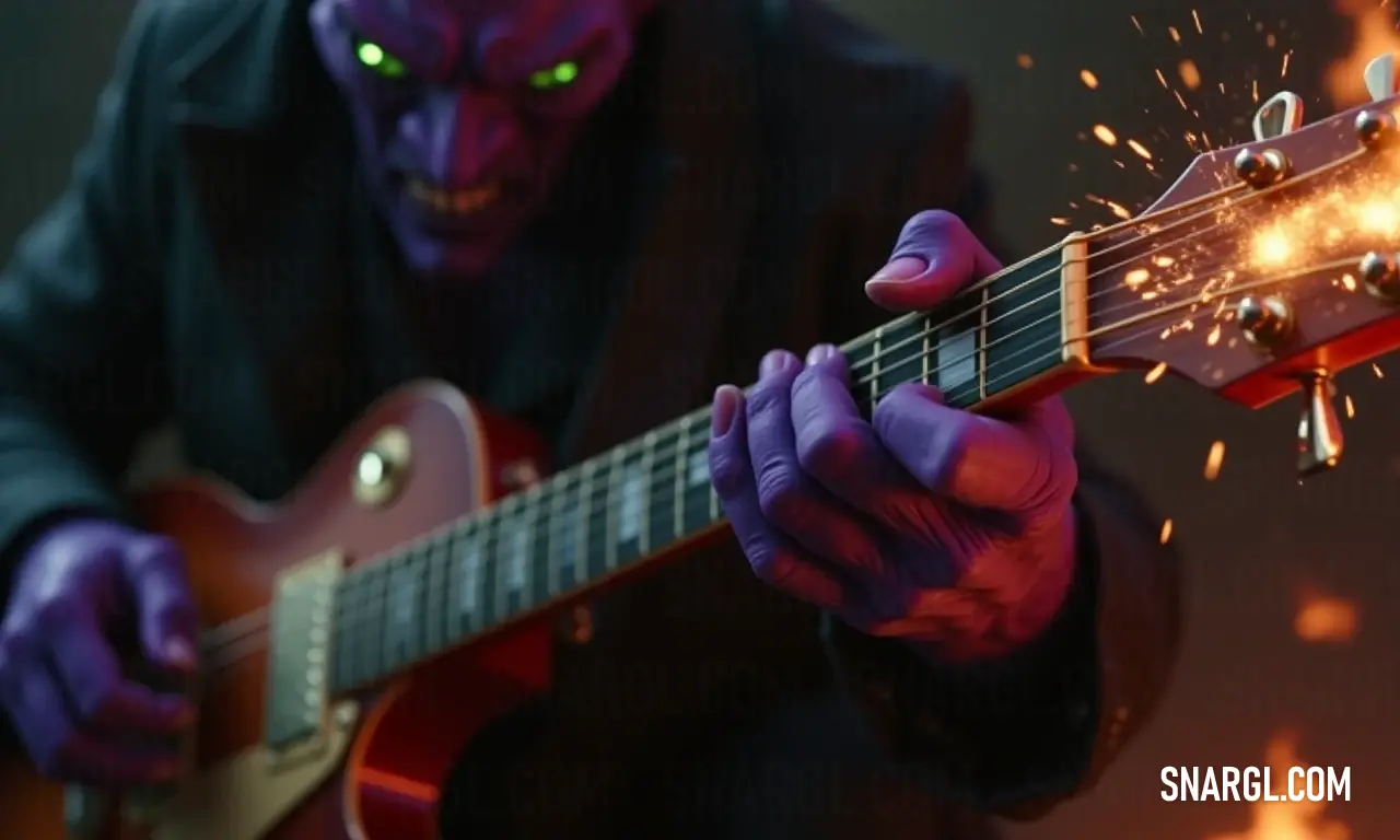 A spirited guitarist ignites the atmosphere with captivating flames and sparks, donning a bold demon mask that reflects raw energy and creative passion. A fierce performer unleashing the power of their guitar amidst a whirlwind of flames and sparks, their face adorned with a striking demonic mask that captures the energy of the moment.