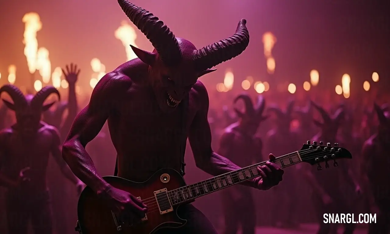 A captivating performer, crowned with impressive horns, ignites a crowd of masked revelers, weaving together an unforgettable experience full of rhythm and excitement. A charismatic figure with majestic horns proudly plays a guitar in front of a lively crowd donned in masks and costumes, creating a vibrant spectacle filled with energy and intrigue.