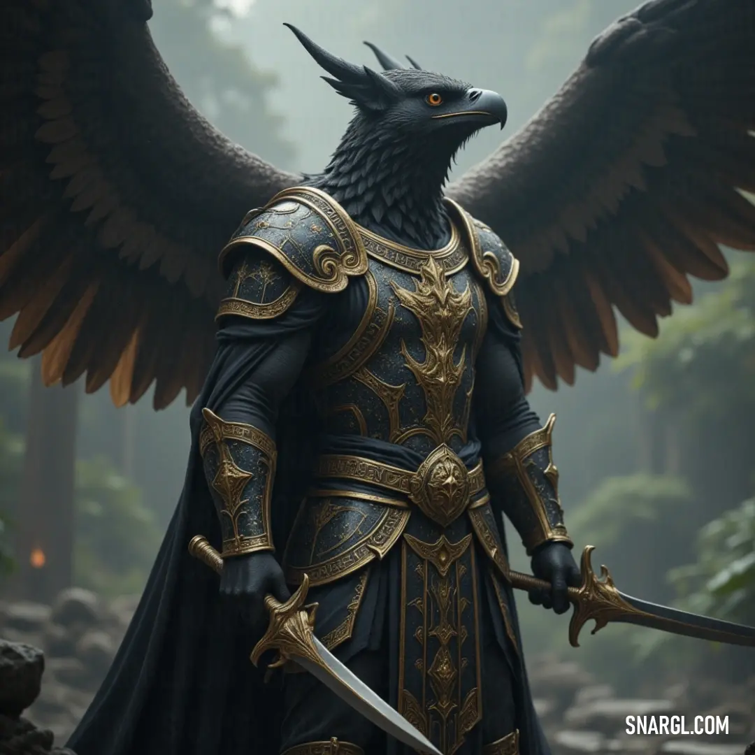 The black-armored Aruna, armed and ready, stands with his sword and wings unfurled, poised for the challenges of an unknown, mystical world. A dark version of Aruna, clad in black armor and helmet, grips a sword tightly while his wings spread wide. His presence is commanding, as he prepares for a battle in a mystical realm.