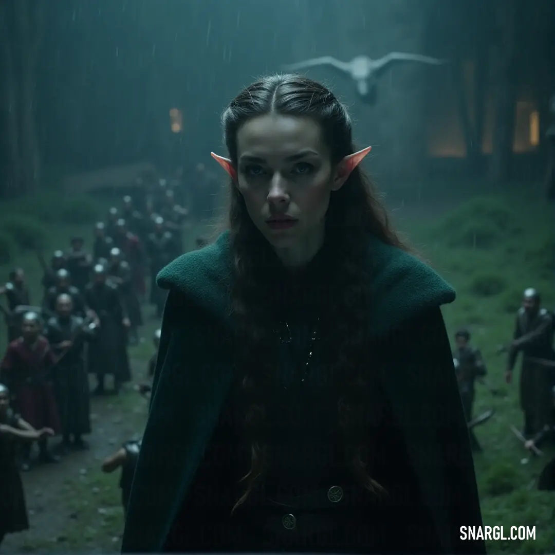 A woman in a green coat, poised and composed, standing amidst a crowd, her presence speaking louder than the surrounding noise. Clad in a striking green coat, this figure stands before a crowd, her posture commanding attention as she moves through the crowd. The energy of the gathering contrasts with her calm, focused demeanor.