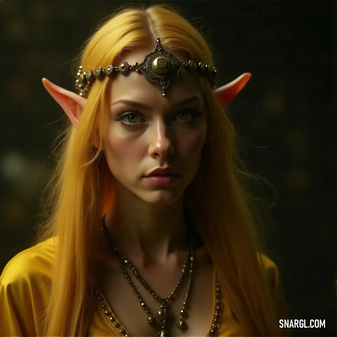 Arwen with long blonde hair wearing a horned headpiece and a necklace with horns on its head