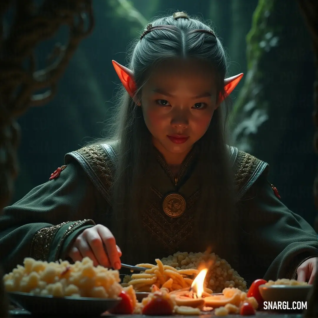 Young girl dressed in a costume is lighting a candle on a plate of food