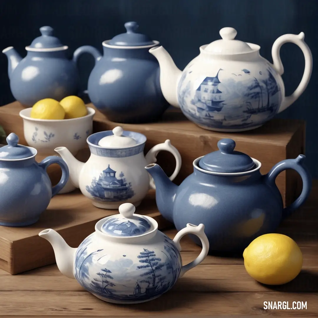 Table topped with blue and white tea pots and lemons and a wooden tray. Example of RGB 233,214,107 color.