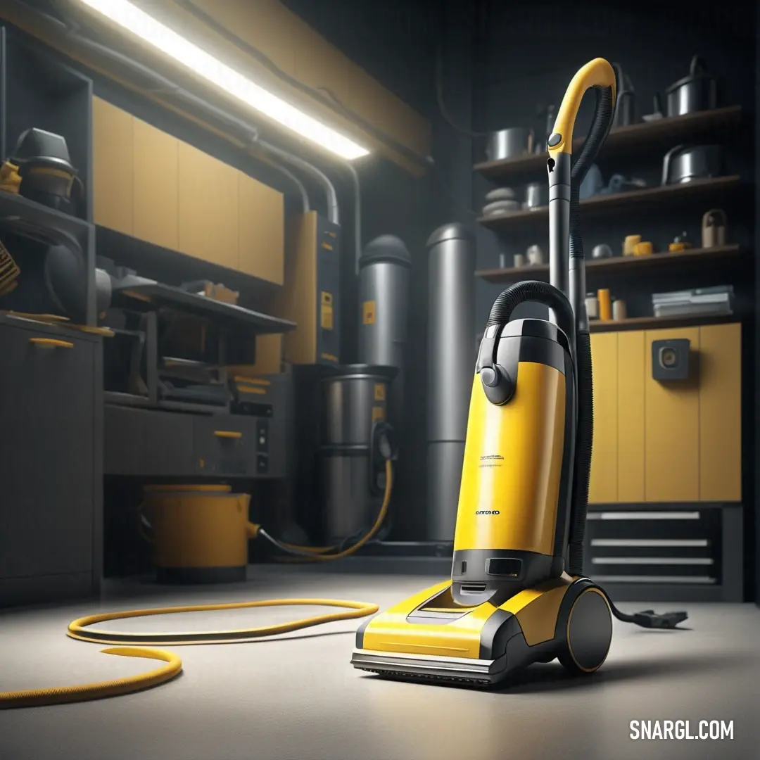 Yellow vacuum is on the floor in a room with yellow shelves and yellow appliances on the walls. Example of CMYK 0,8,54,9 color.