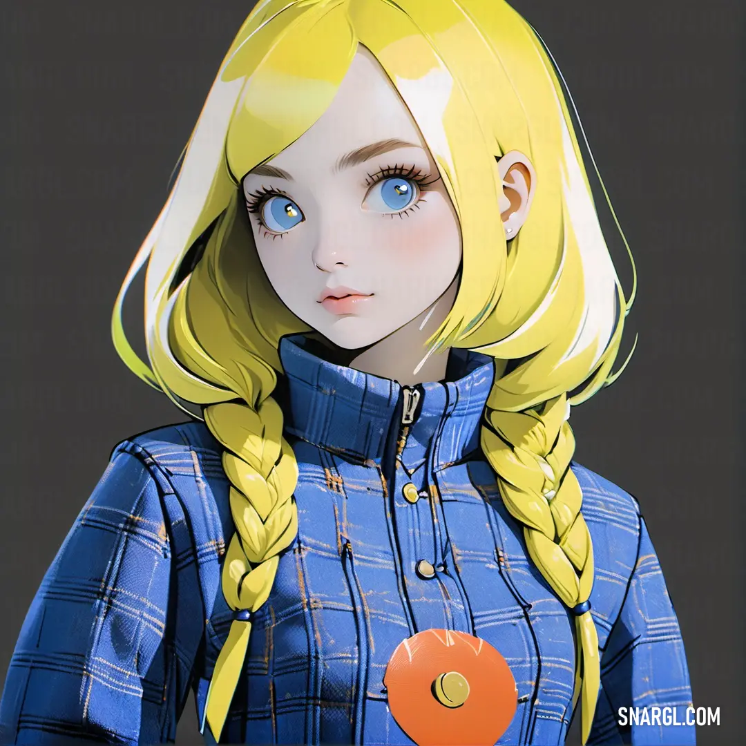 Cartoon girl with a yellow braid and blue eyes wearing a blue jacket and a red button in her hair. Color Arylide yellow.