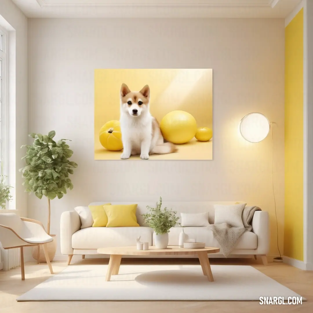 Arylide yellow color. Dog on a couch in a living room with yellow accents and a white rug on the floor