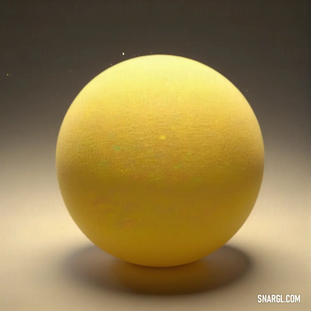 Yellow ball on top of a white table top next to a black wall. Color CMYK 0,8,54,9.