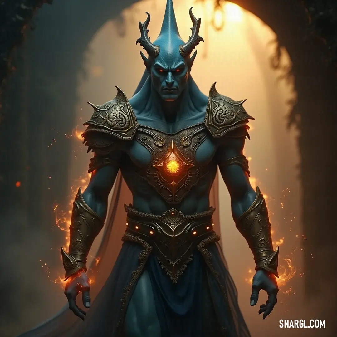 Horned Arzan illuminating a shadowy forest with his glowing light Arzan, adorned in a blue outfit accented with horns, casts a mesmerizing light in his hand, standing resolutely in a darkened forest, surrounded by whispering shadows.
