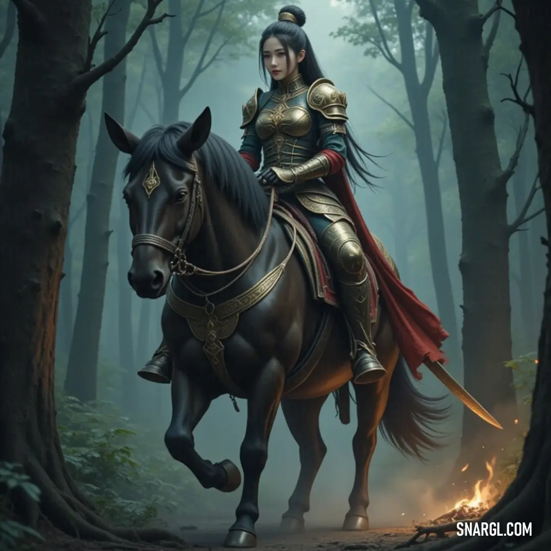 Asahi in dazzling gold armor rides proudly through a forest, bold flames flickering in the foreground. Asahi, clad in brilliant gold armor, majestically rides a valiant horse through an enchanting forest, flames flickering in the foreground, hinting at the epic journey unfolding in this magical realm.