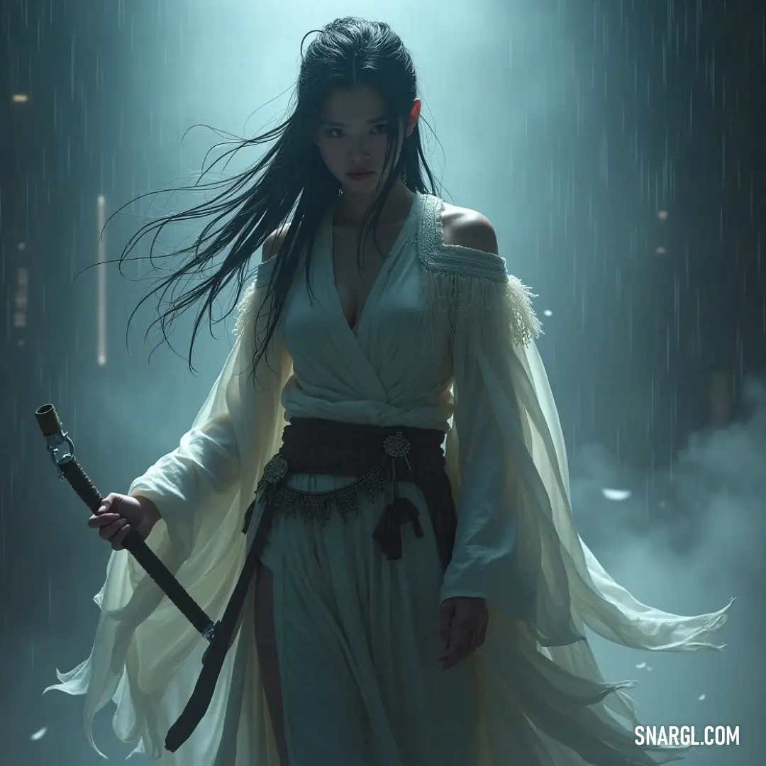 A woman in a white dress holding a sword in the rain, with light shining through fog behind her. A woman in a flowing white dress stands solemnly in the rain, gripping a sword tightly. A beam of light shines down from above, breaking through the misty fog and creating an ethereal glow around her.