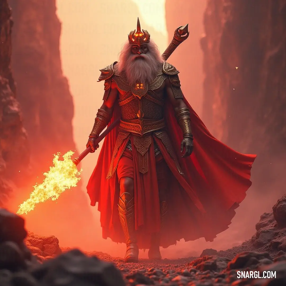 A figure in red harnesses fire and knowledge, standing against a rugged terrain where rocks and mountains create a dramatic background. Draped in red and embodying wisdom, a figure named Asclepius brandishes a flaming staff, surrounded by rugged rocks and mountains, blending nature's raw power with the mystique of healing and knowledge.