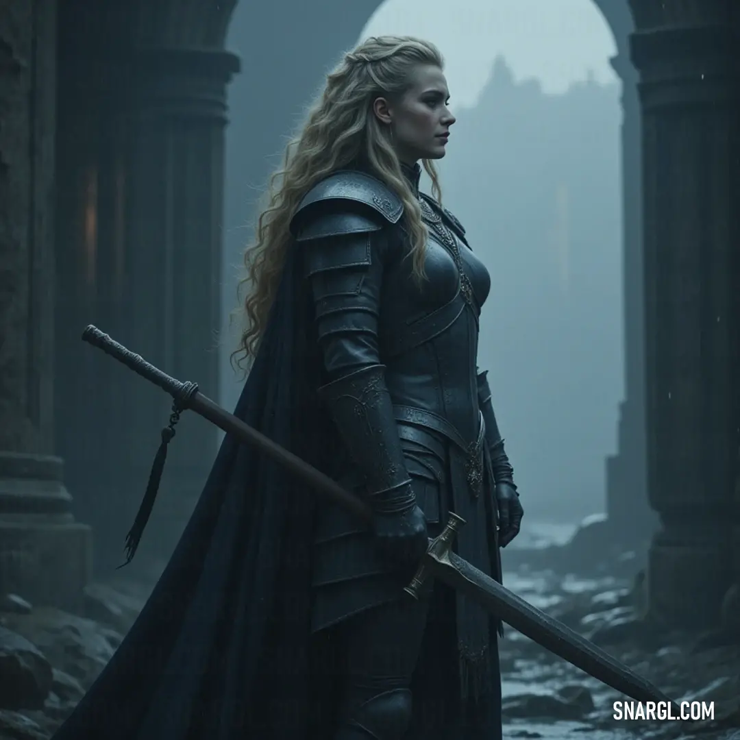 A striking figure in a black outfit, confidently wielding a sword within a shadowy alley, where elegance meets mystery in a dramatic urban setting. A fierce warrior clad in a sleek black outfit commands attention as she stands in a shadowy alley, sword firmly grasped, highlighted by the elegant arches that frame the intense atmosphere.