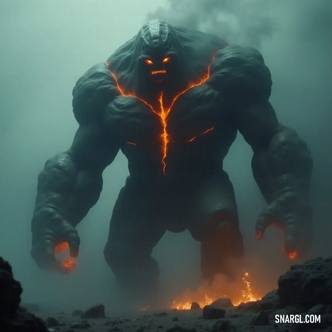A mesmerizing Giant Ash Golem, with intense glowing eyes and a dramatic fiery aura emerging from the foggy sky, creates an enchanting and mystical atmosphere.
