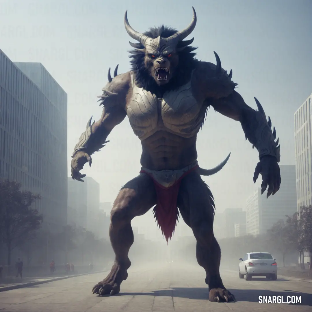 Giant monster standing in the middle of a street with a car behind it and buildings in the background