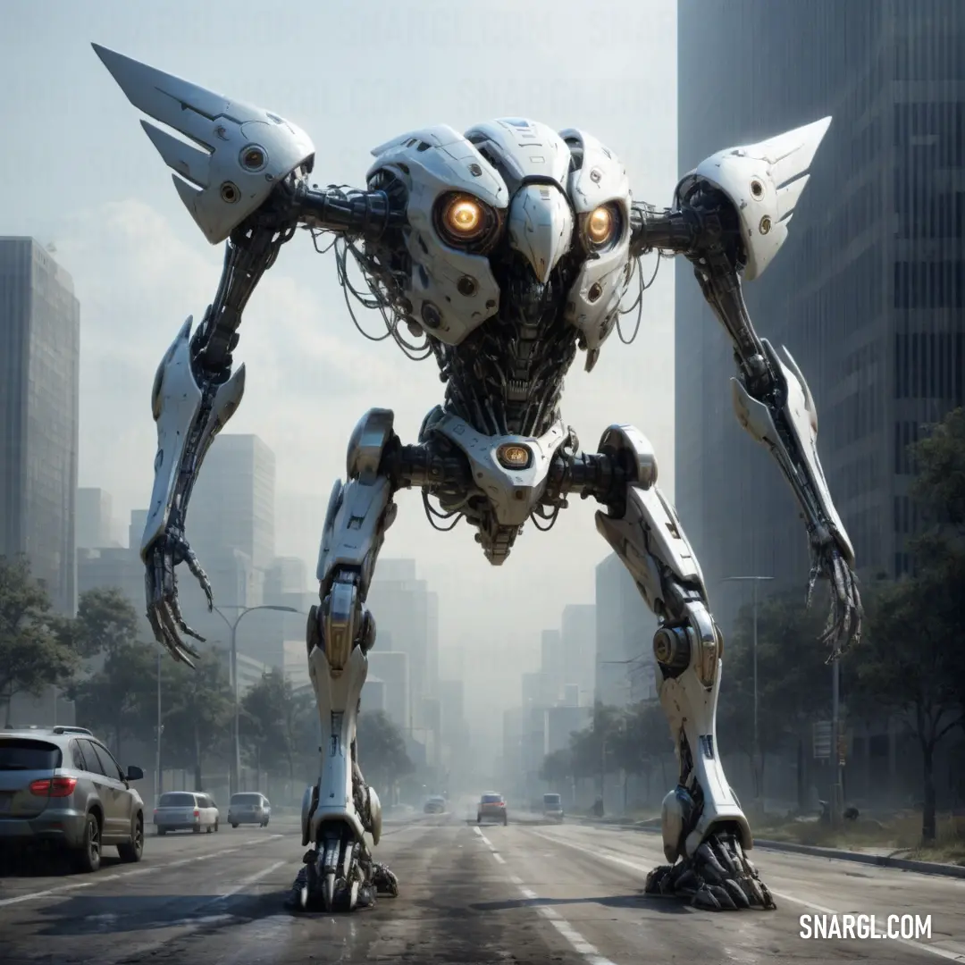 Giant robot standing in the middle of a road with cars behind it and a city skyline in the background. Example of Ash grey color.
